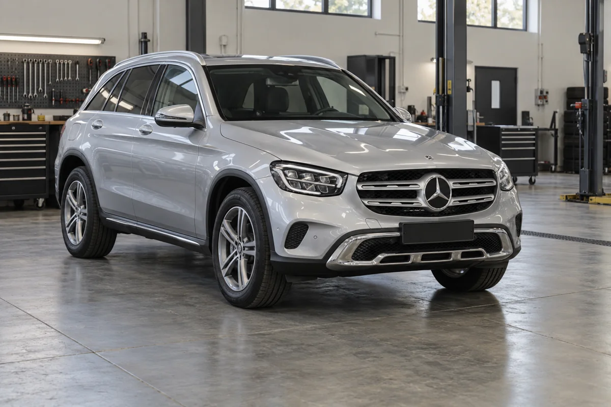 Silver Mercedes GLC SUV in an independent workshop