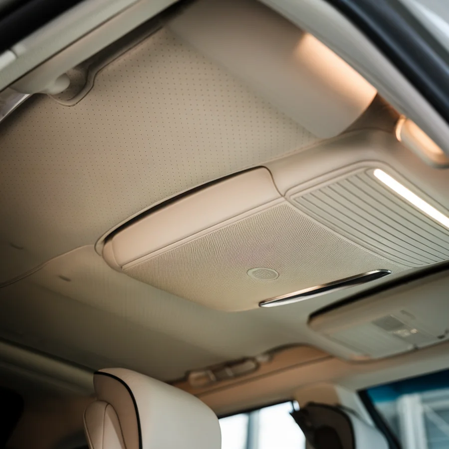 Light-colored headliner, overhead console and grab handle inside a car