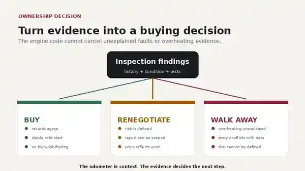 Decision flowchart for buying, renegotiating or walking away from a high-mileage Mercedes