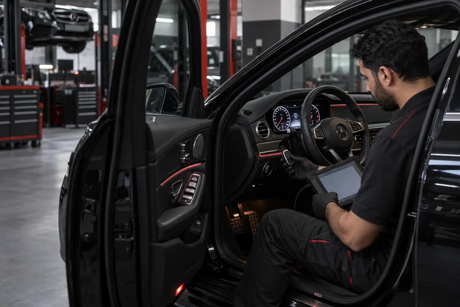 Technician diagnosing Mercedes ignition and key recognition in a Dubai workshop