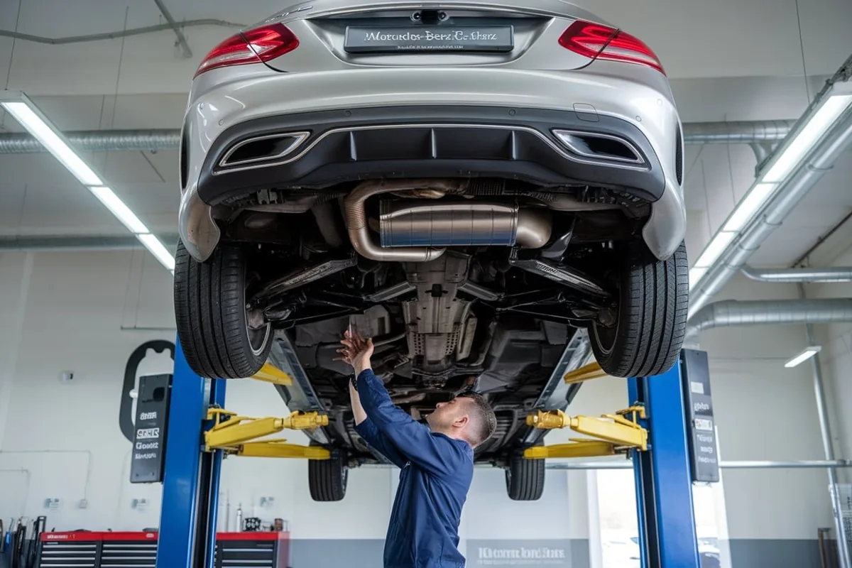 Mercedes raised for an underbody inspection