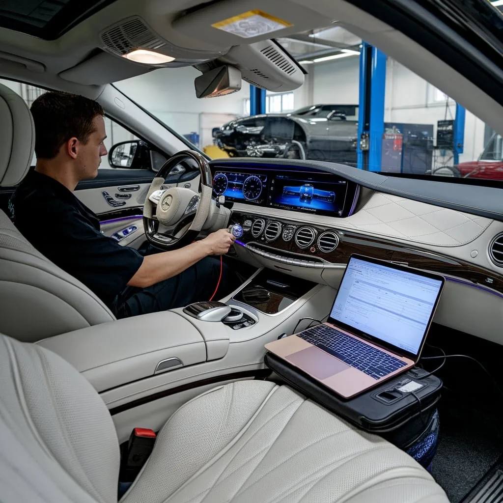 Technician checking cabin electronics beside a diagnostic laptop