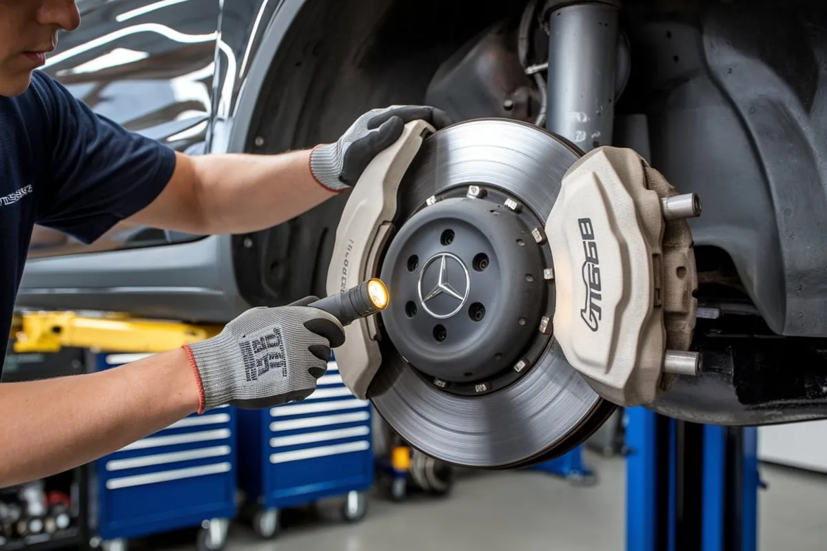 Brake disc and caliper being checked with the wheel removed