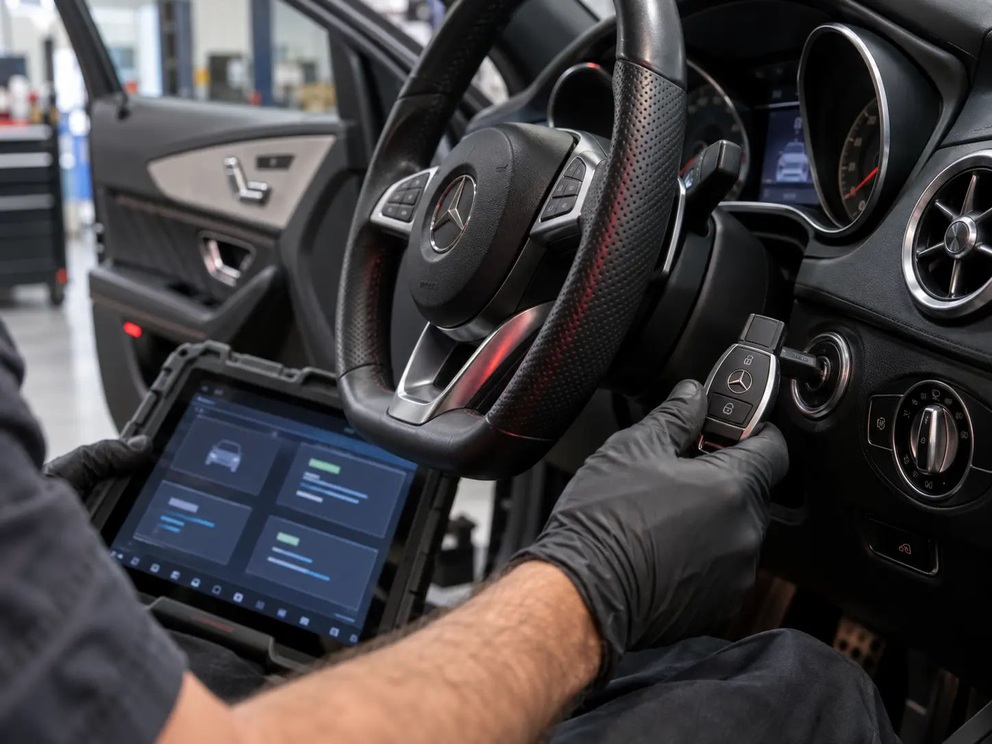 Mercedes key recognition and steering release being checked with diagnostic equipment