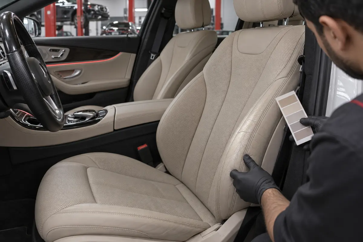 Technician inspecting cracked beige leather on a Mercedes driver seat in a Dubai workshop