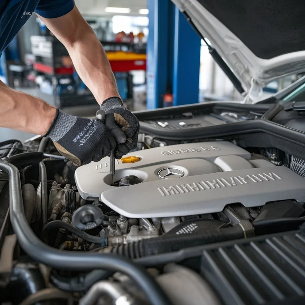 Technician examining a Mercedes engine bay