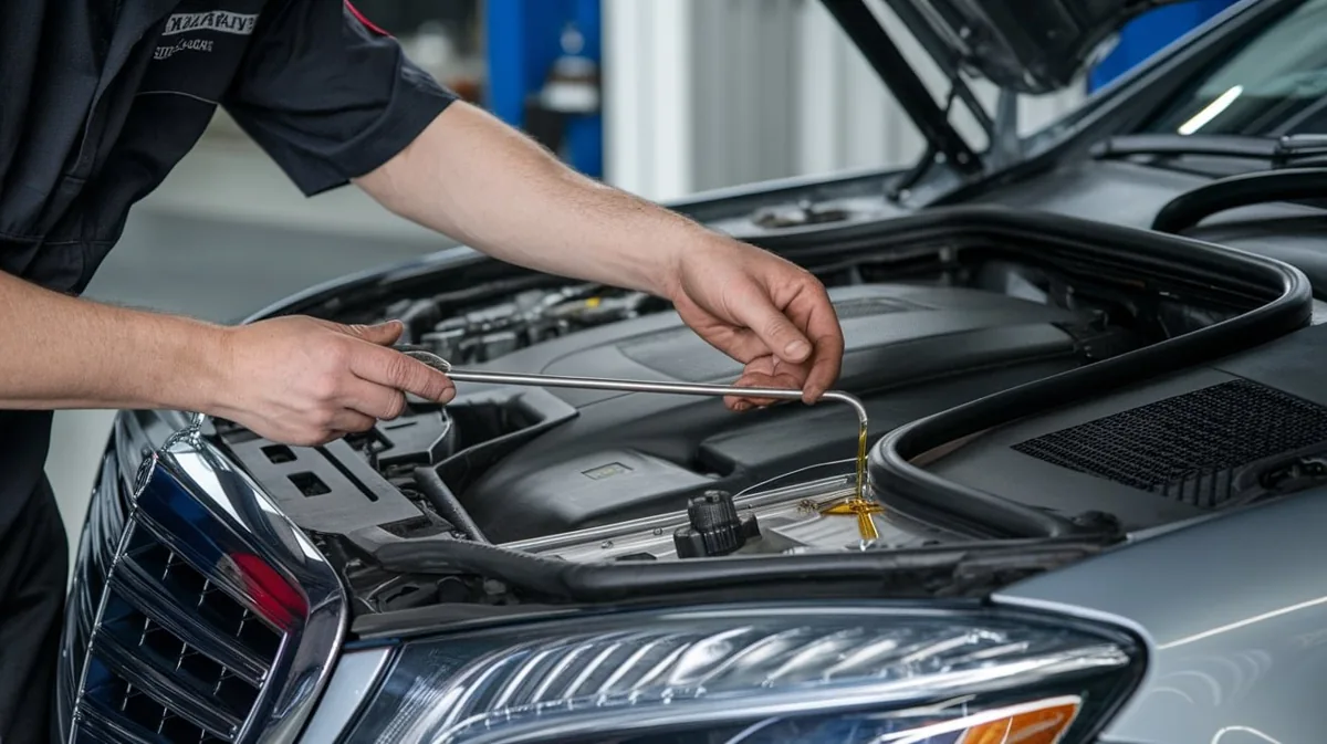 Technician checking an engine oil level