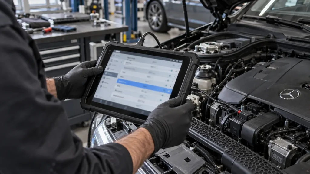 Technician reviewing Mercedes engine-control fault data on a diagnostic tablet