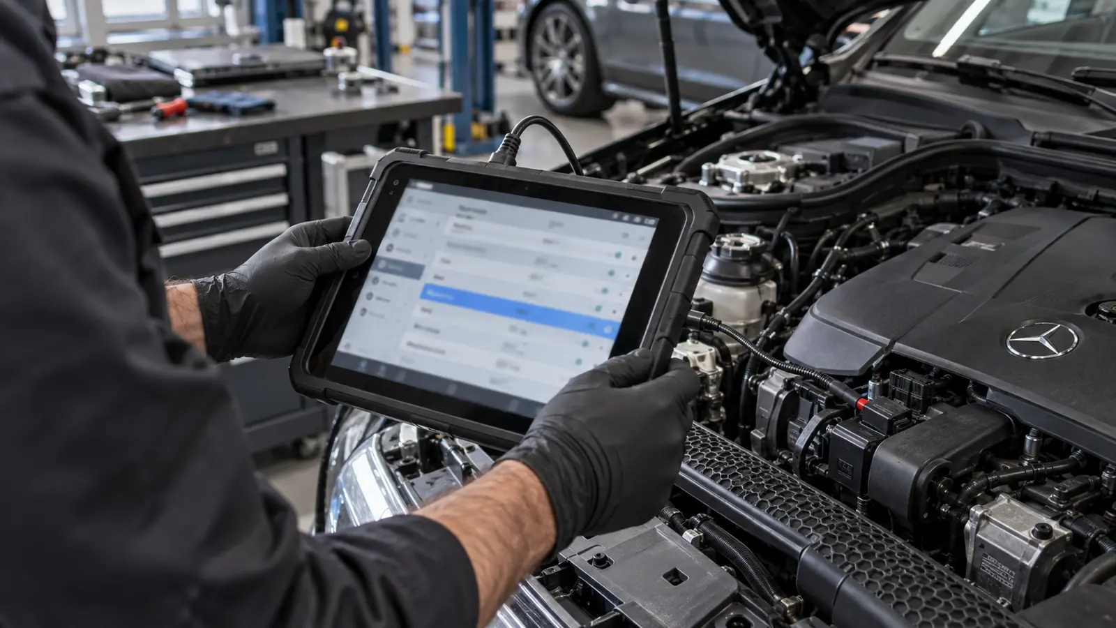 Technician reviewing Mercedes engine-control fault data on a diagnostic tablet