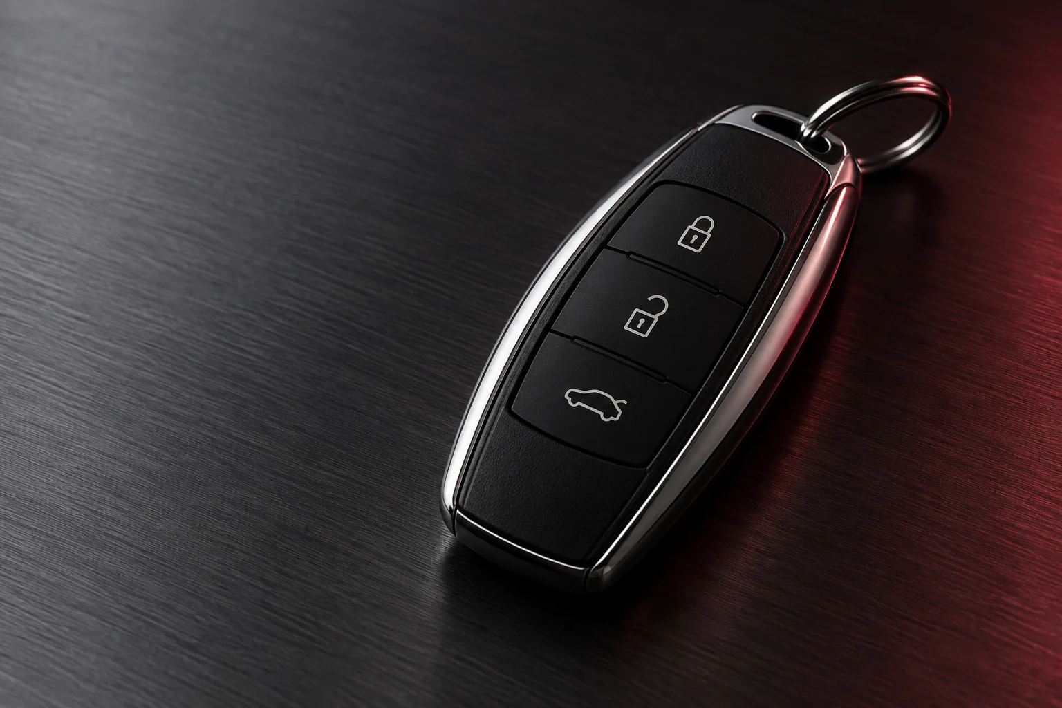 Illustration of a black smart key fob on a charcoal surface