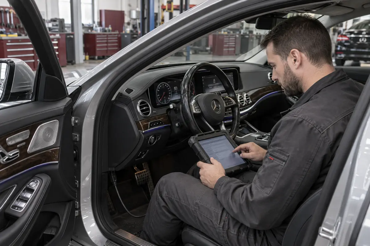 Technician using a diagnostic tablet inside a Mercedes S500, AI illustration