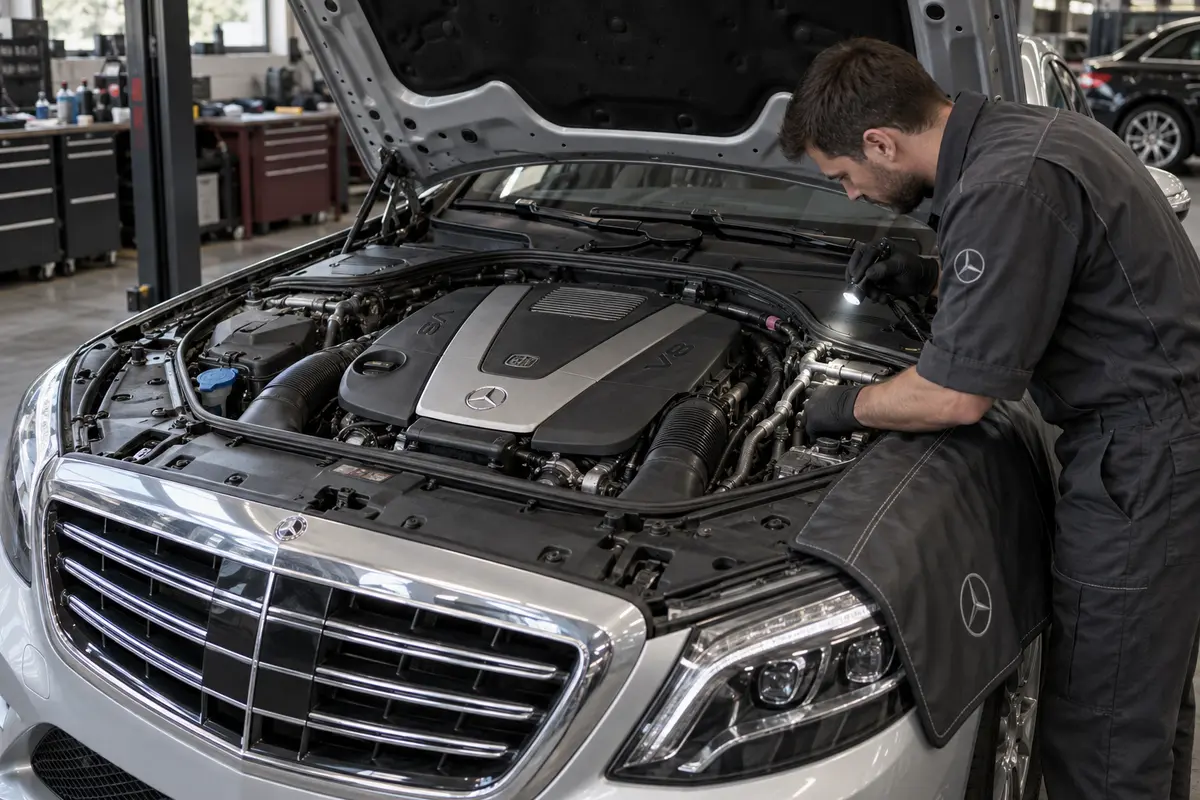 Engine-bay inspection on a Mercedes S500, AI illustration