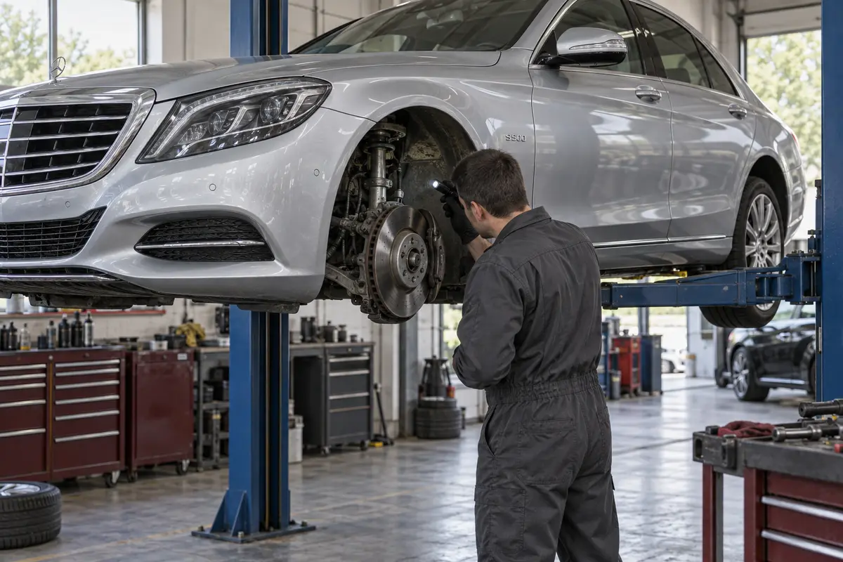 Mercedes S500 wheel and suspension inspection on a workshop lift, AI illustration