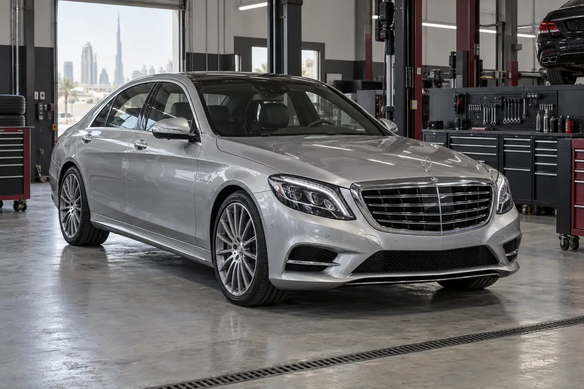 Silver Mercedes S500 in a workshop, AI illustration