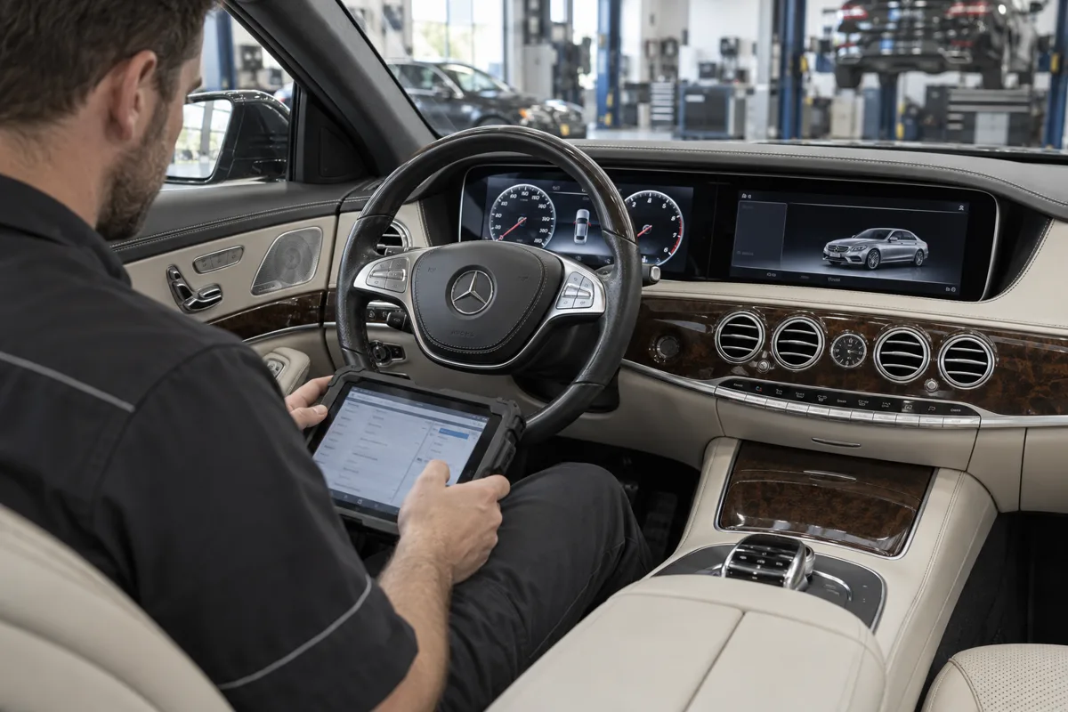 Illustration of diagnostic checks in a Mercedes S550 cabin