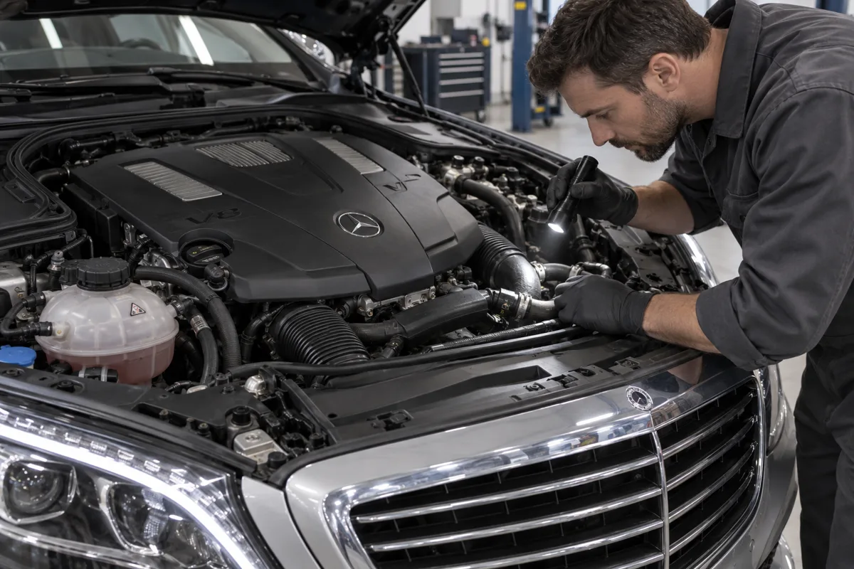 Illustration of a Mercedes S550 cooling hose inspection