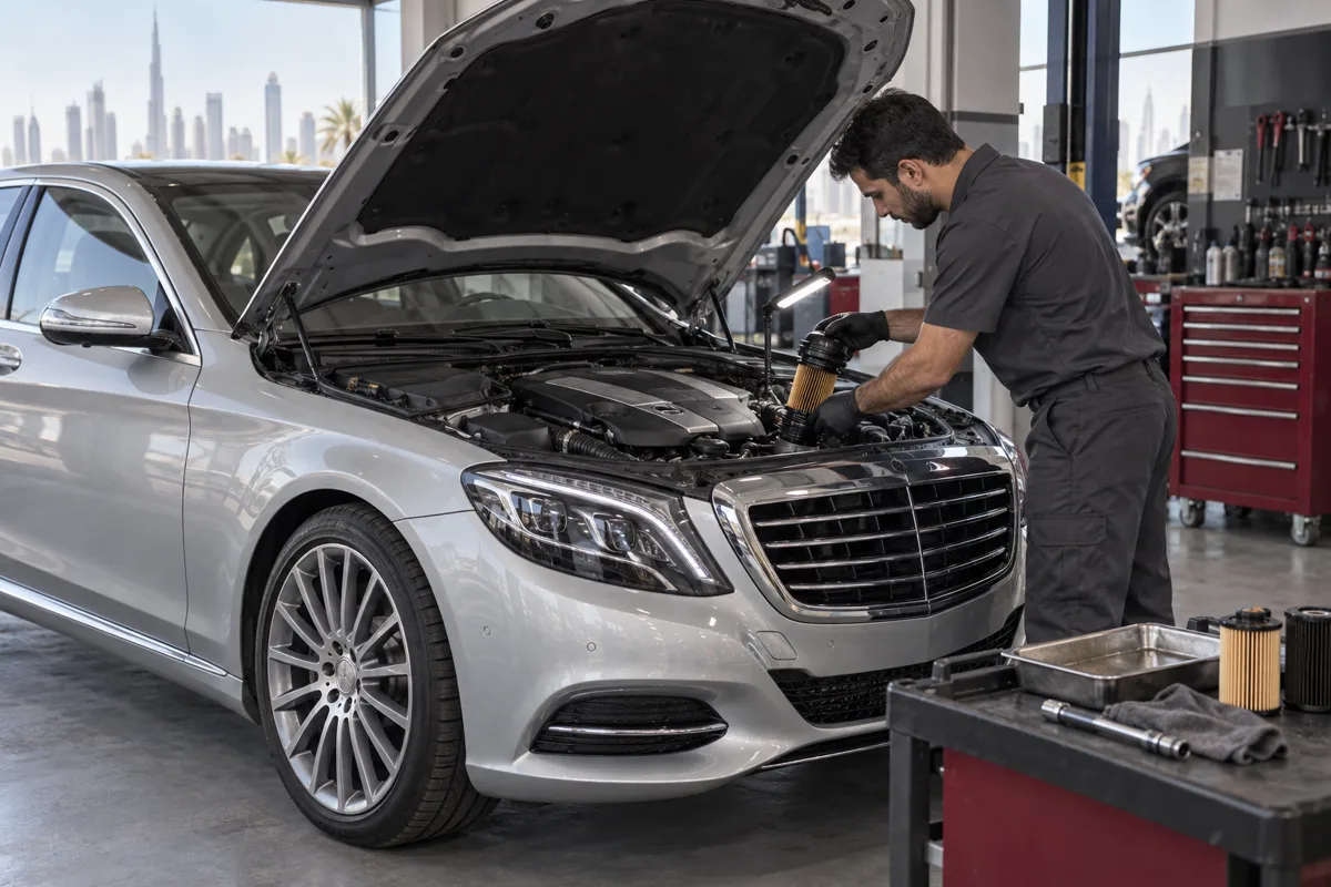 Illustration of a Mercedes S550 oil filter service