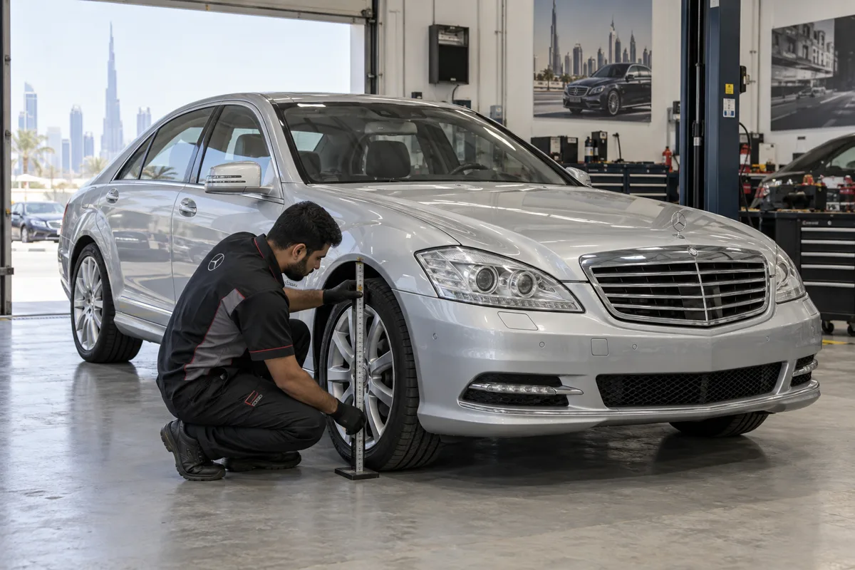 Illustration of a ride-height check on a W221 Mercedes S550