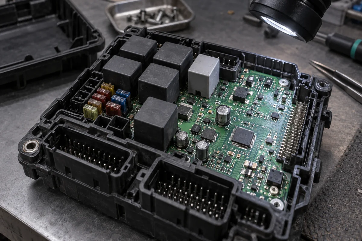 Opened fuse and relay module with its circuit board exposed