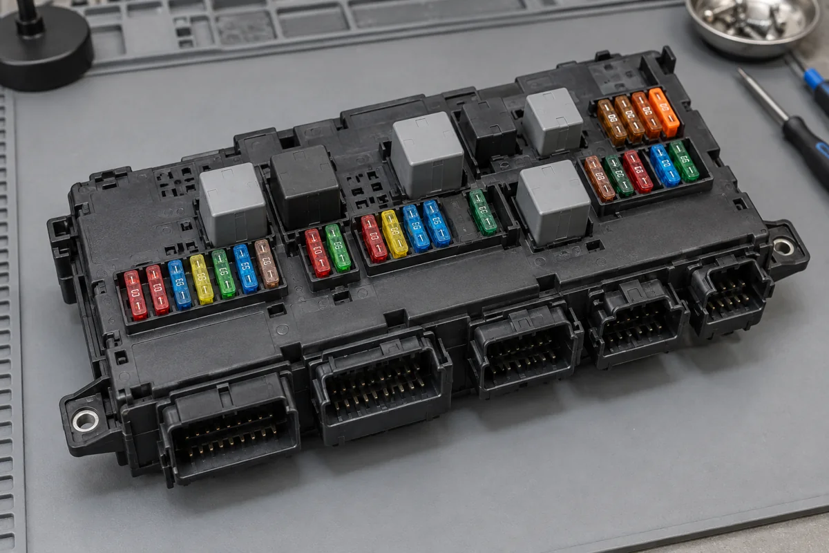 Automotive SAM-style fuse and relay module with connector sockets
