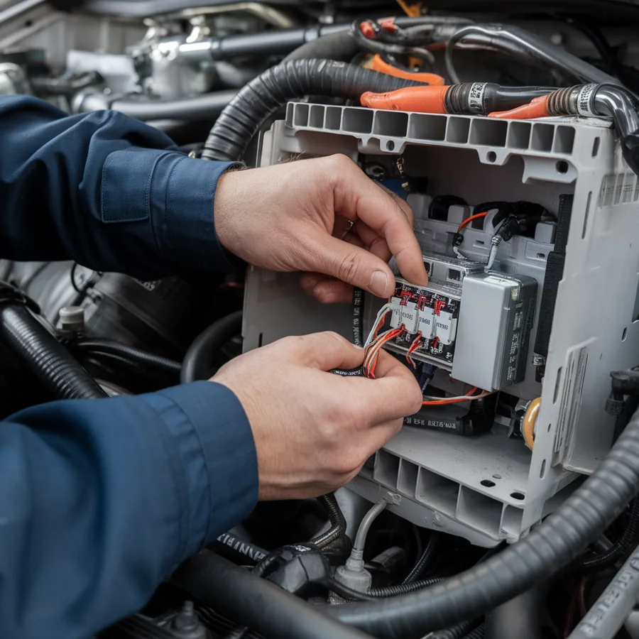 Vehicle electrical connections being inspected near a fuse assembly
