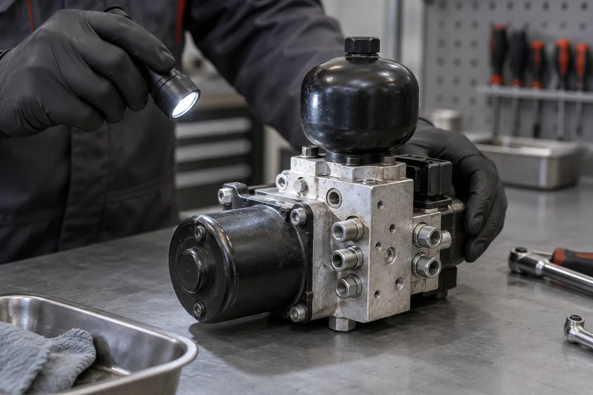 Illustrative hydraulic brake assembly being inspected on a workbench