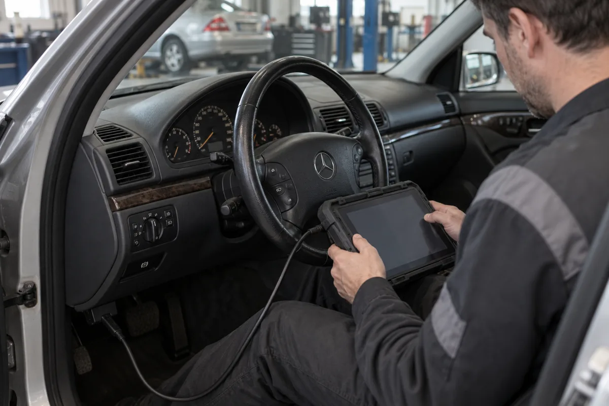 Illustration of a technician using a diagnostic tablet inside a Mercedes