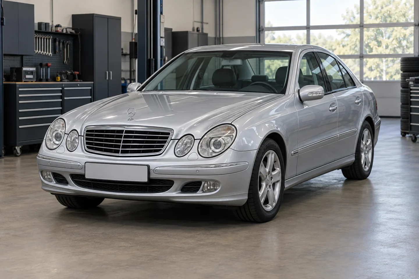 Silver Mercedes E-Class in a workshop, illustrating SBC repair bookings