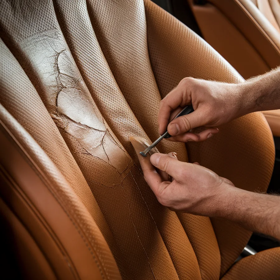 Close view of a tan seat bolster and its stitched upholstery