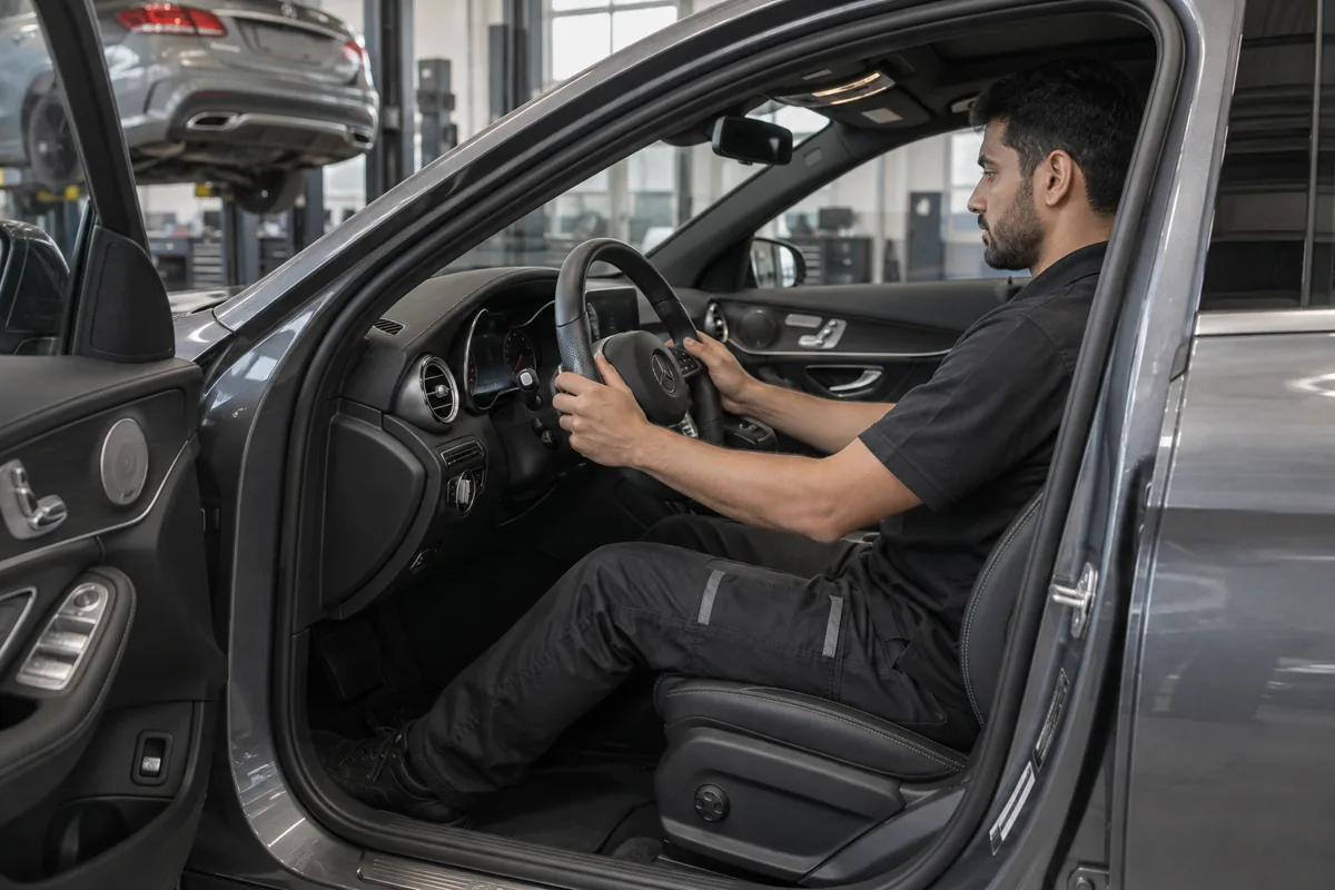 Illustration of a technician checking steering wheel position in a parked Mercedes