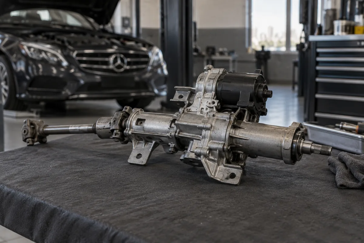 Illustrative steering column assembly on a padded workshop bench