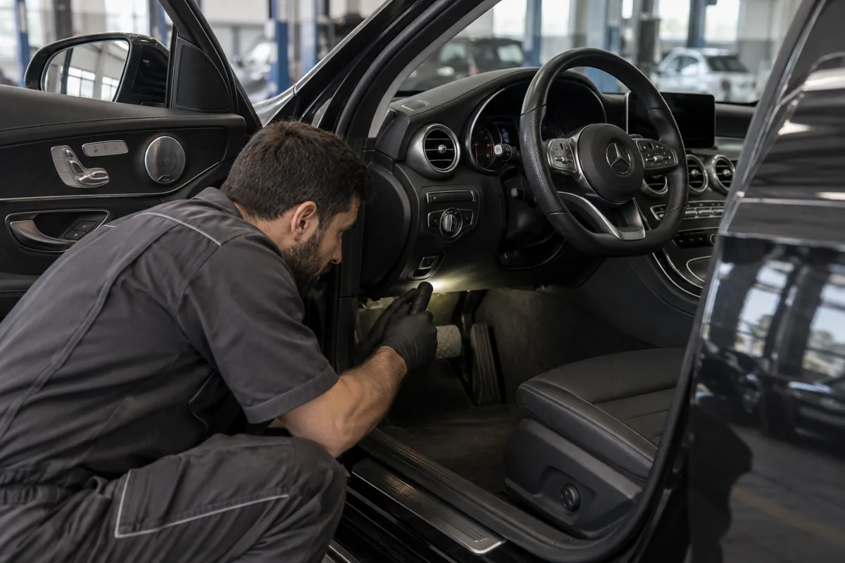 Illustration of a technician inspecting below a Mercedes steering column
