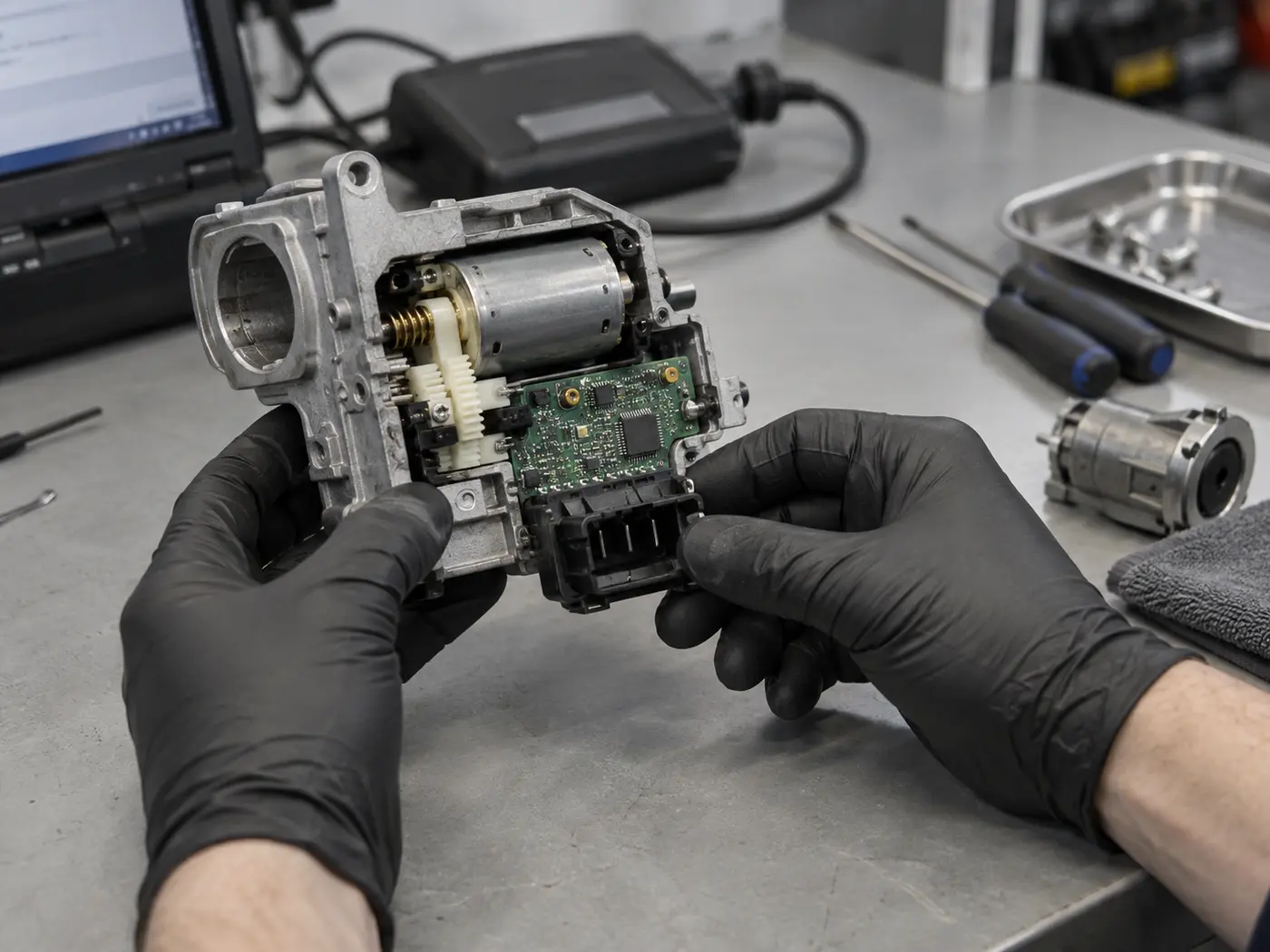 Electronic steering lock module opened for motor and circuit board inspection