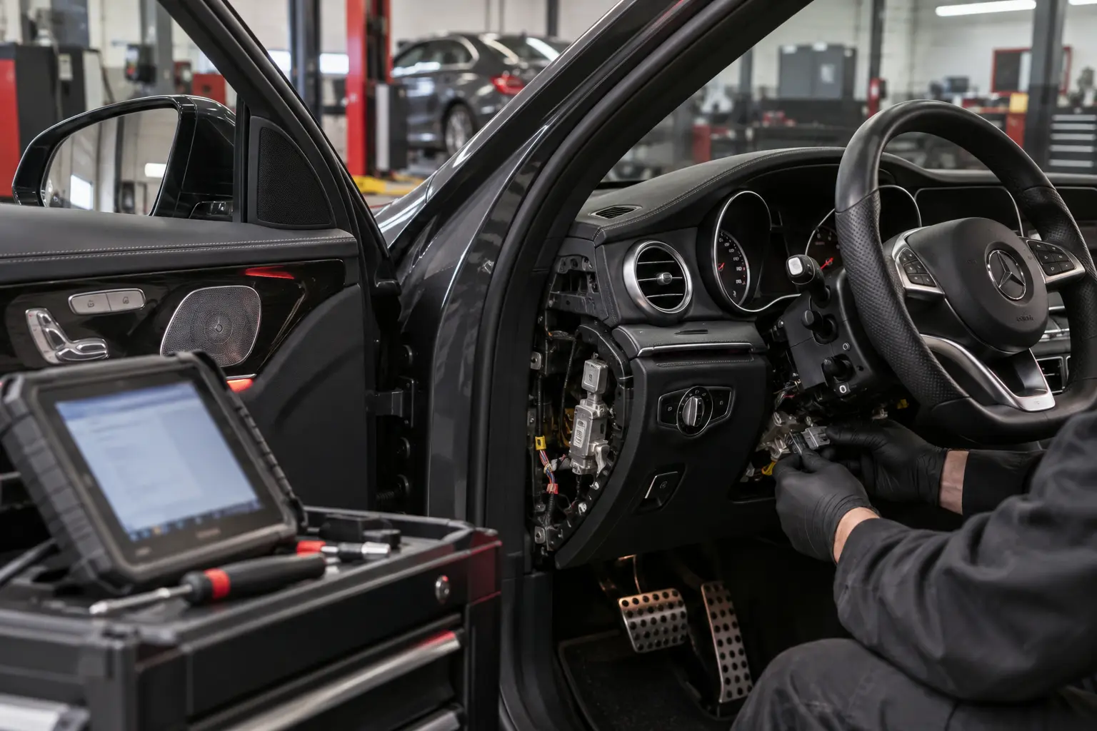 Technician diagnosing the electronic steering lock beneath a Mercedes steering column