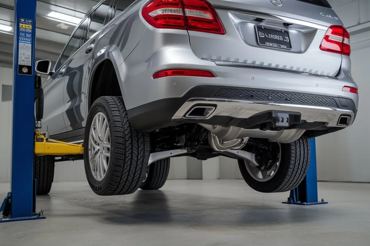 Mercedes raised on a workshop lift for suspension access
