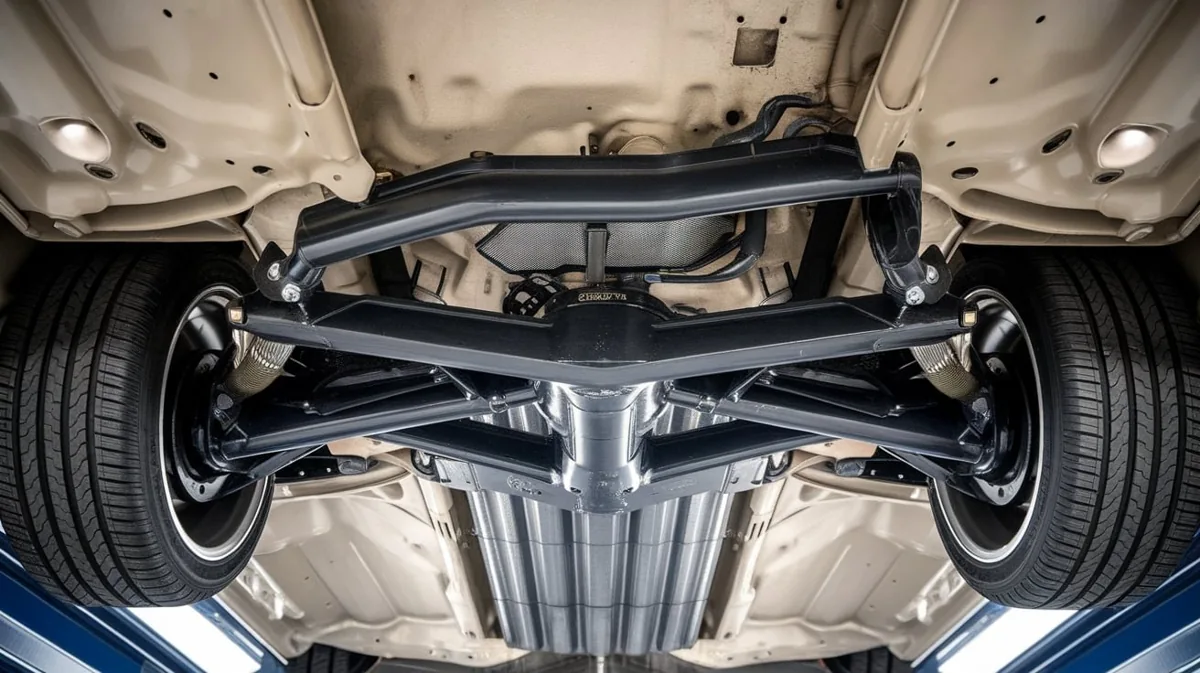 Underside of a vehicle showing suspension arms