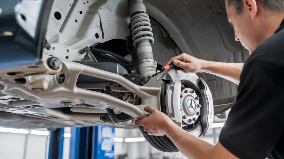 Technician examining a wheel hub and strut assembly