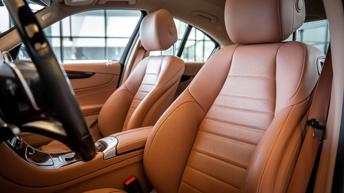Tan seat upholstery, stitched panels and matching door trim