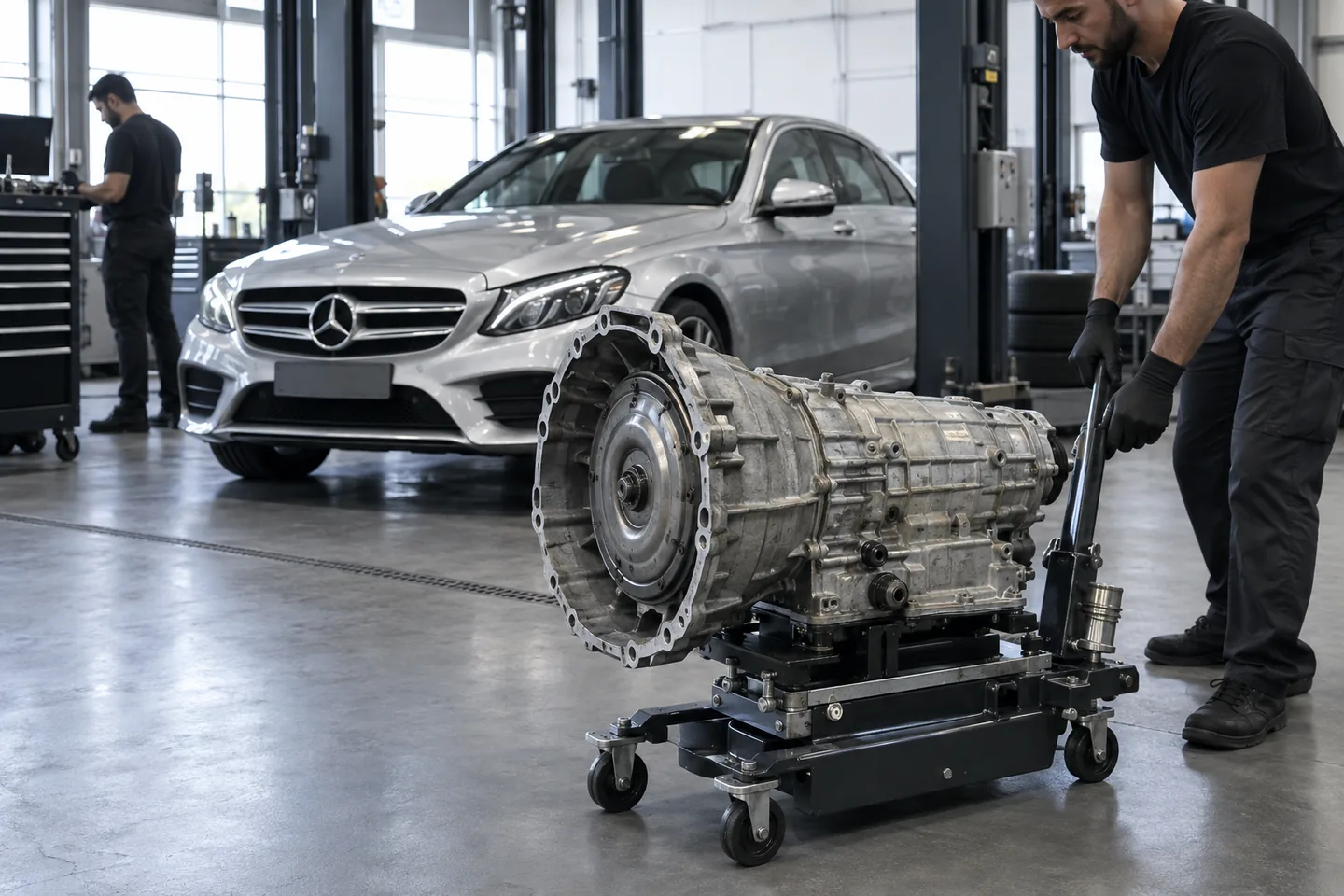 Mercedes automatic gearbox on a workshop support beside a silver sedan