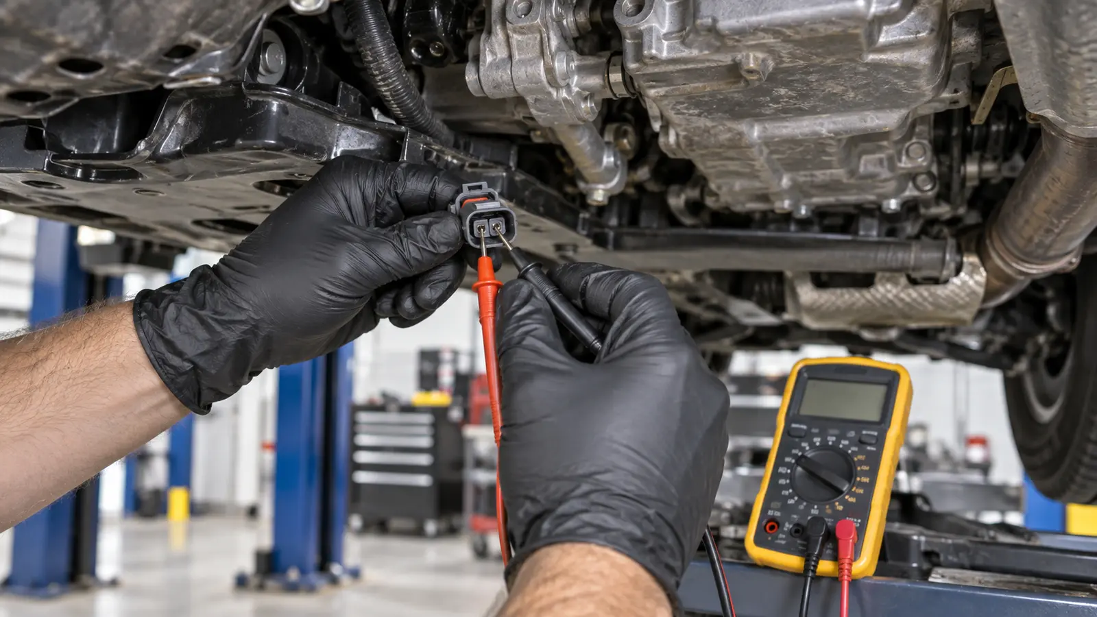 Technician testing a two-pin oil-pump control circuit connector with a multimeter