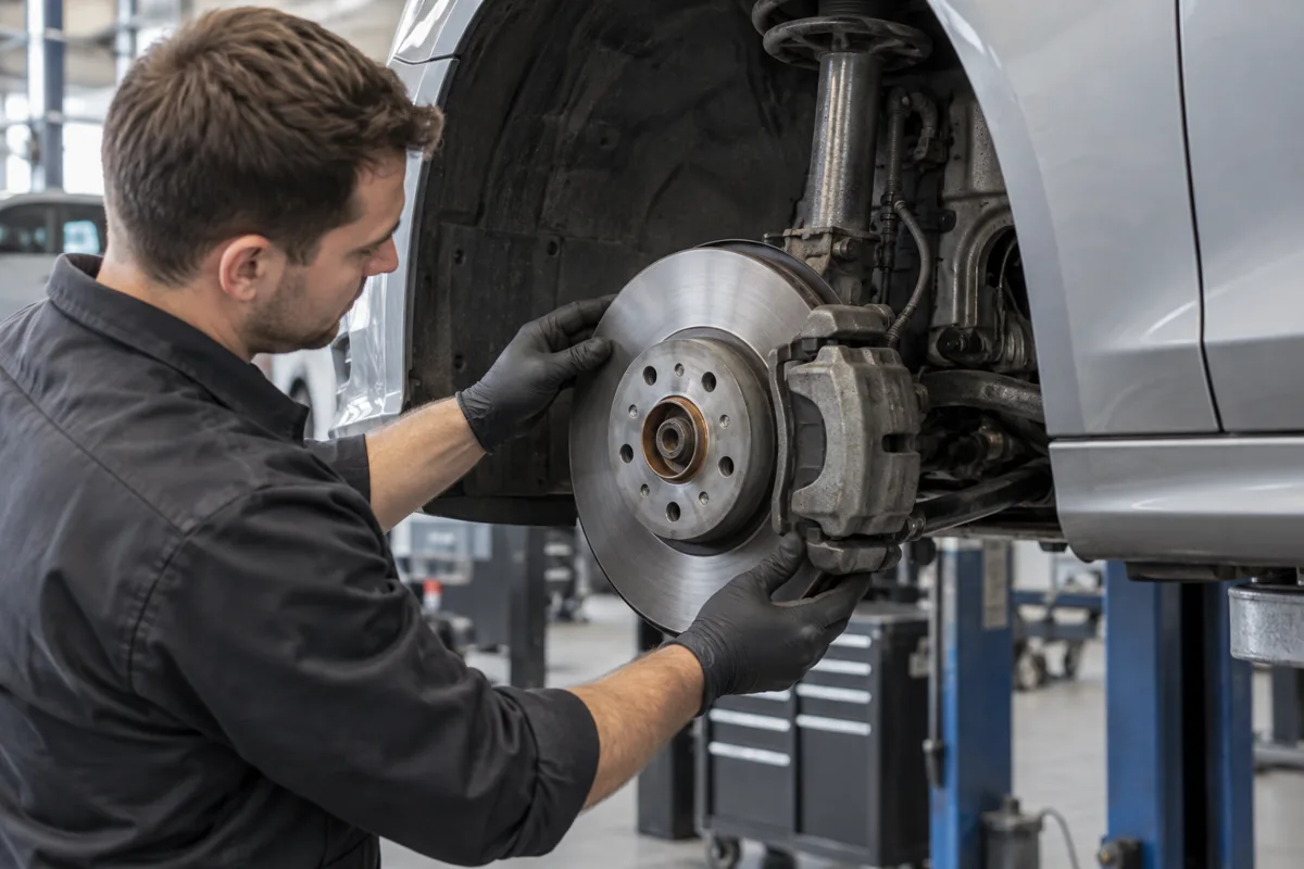 Technician inspecting a road-car brake disc and caliper