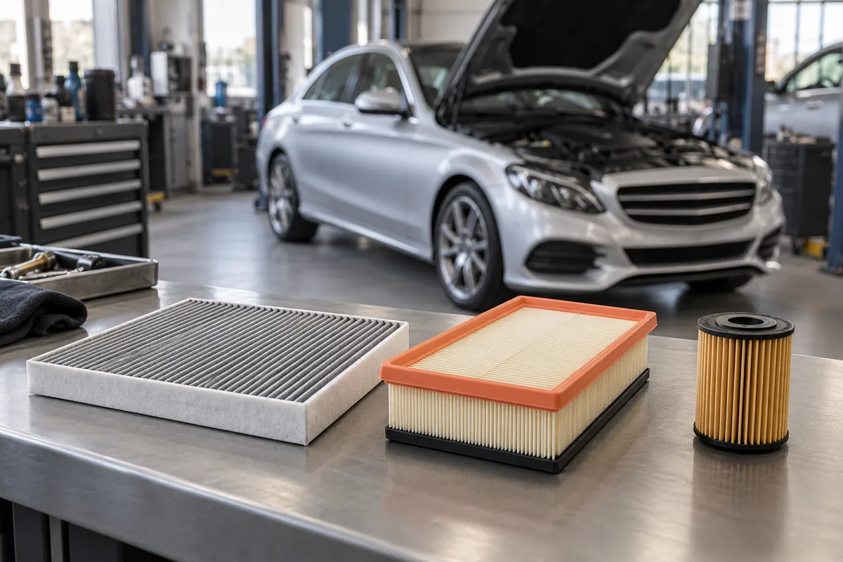 Cabin, engine-air and oil filters arranged on a workshop bench