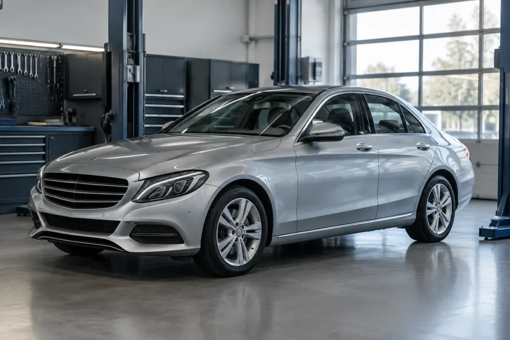 Silver C-Class-style sedan in a servicing bay