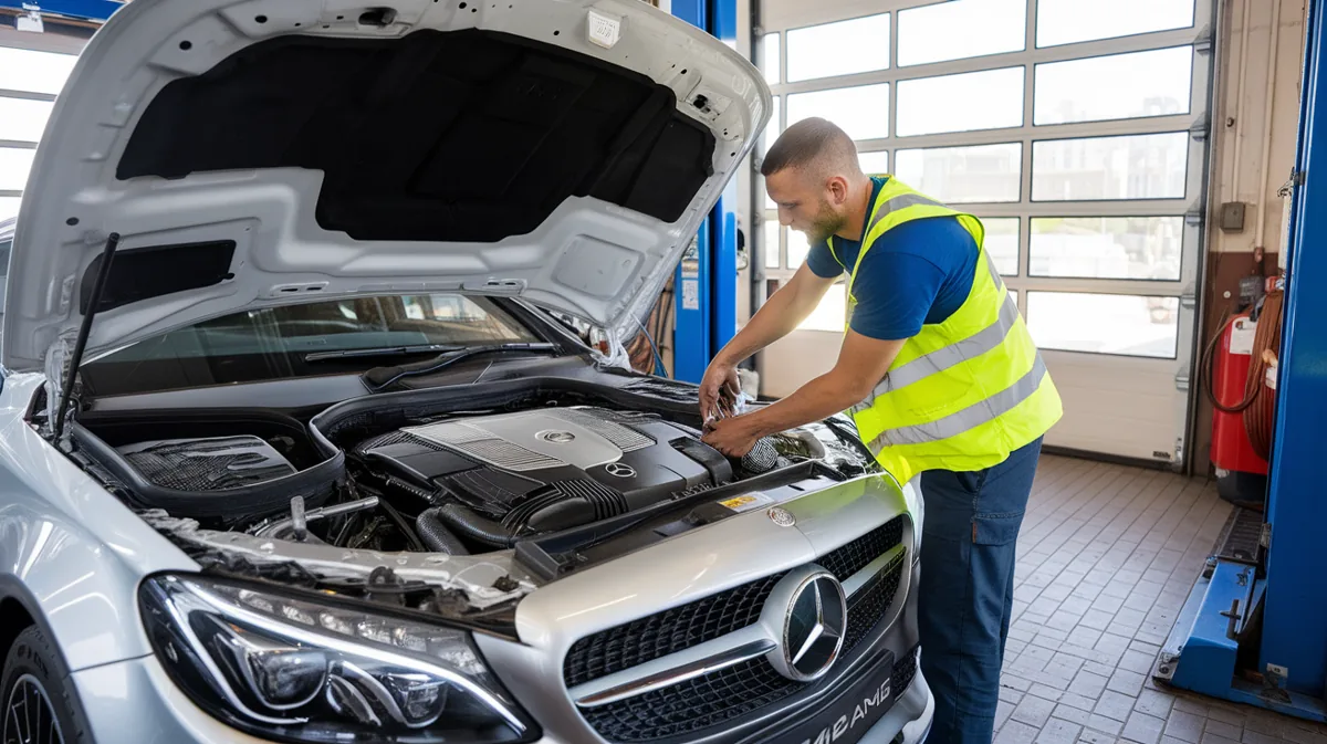 Technician inspecting a Mercedes engine in a workshop