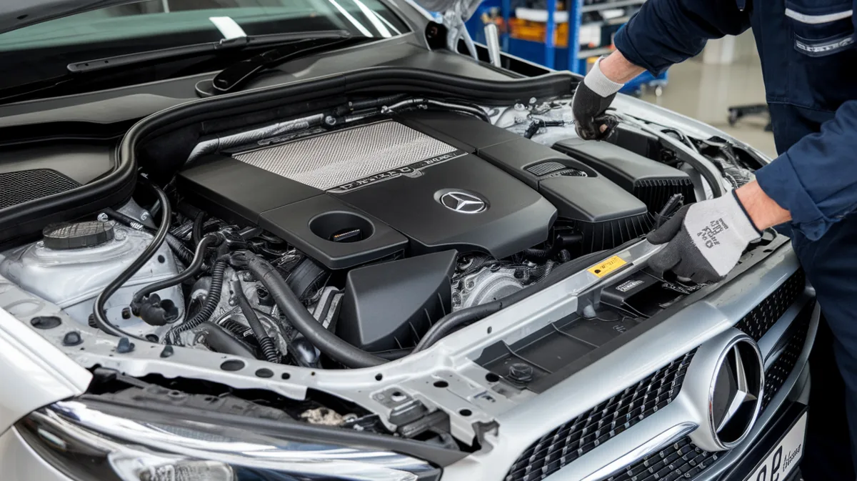 Close view of a Mercedes engine bay during maintenance checks