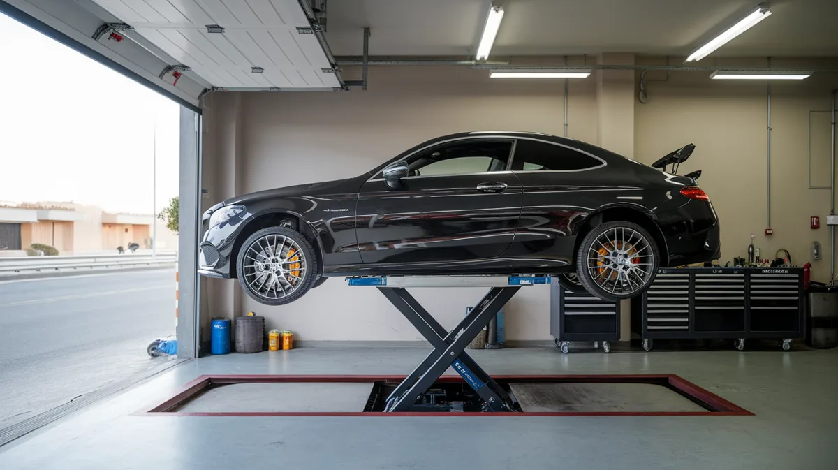 Mercedes coupe supported on a workshop lift