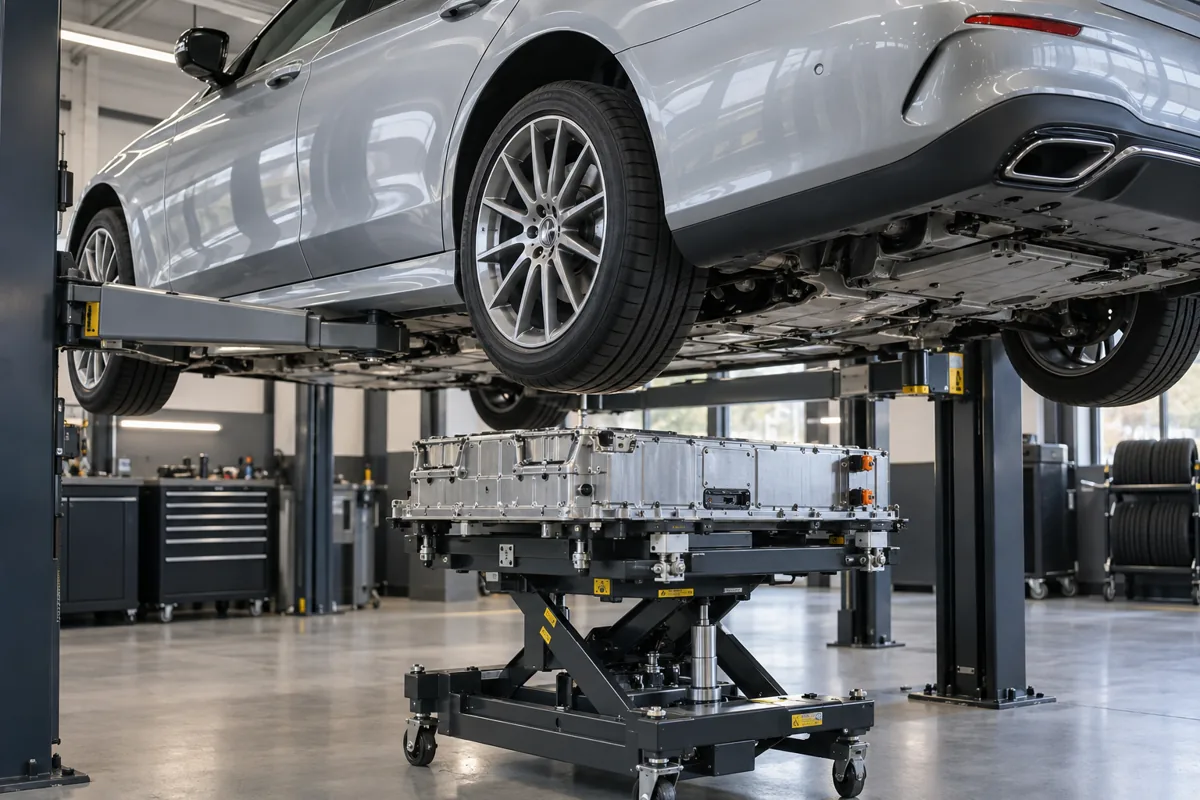 Sealed hybrid battery on a platform below a raised sedan