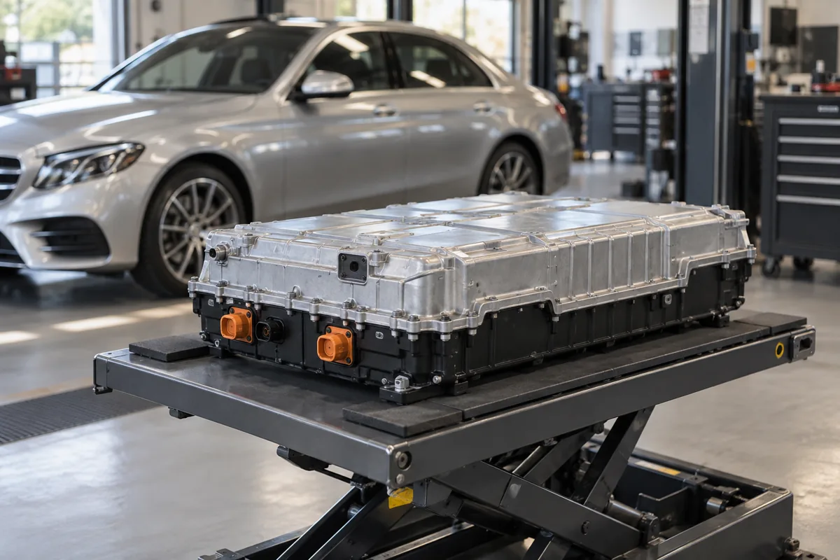 Sealed hybrid battery assembly on a workshop lift table