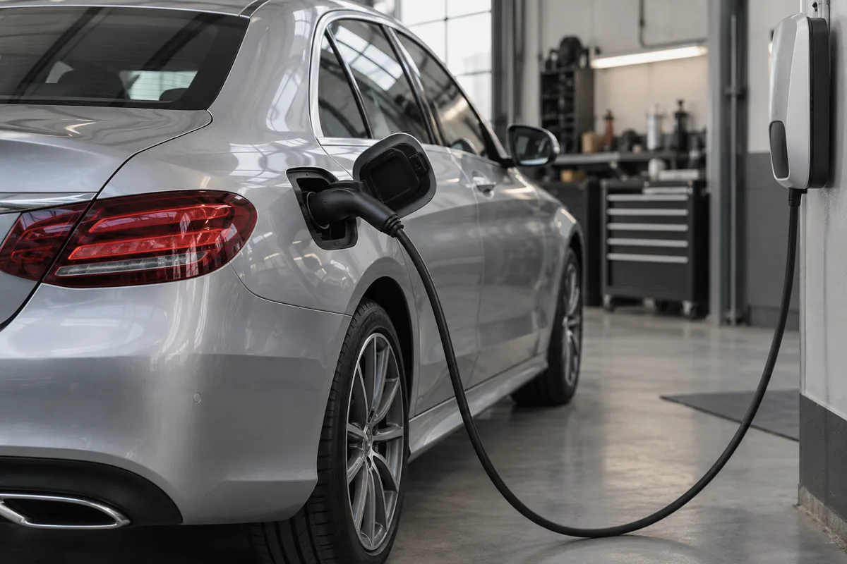 Charging connector attached to a silver plug-in hybrid sedan