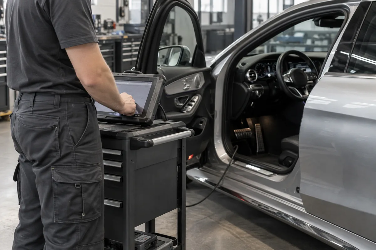 Technician using a diagnostic tablet beside a silver sedan